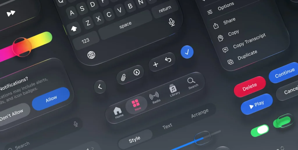 Элементы интерфейса iOS в стиле Liquid Glass в темной теме. Источник фото: apple.com