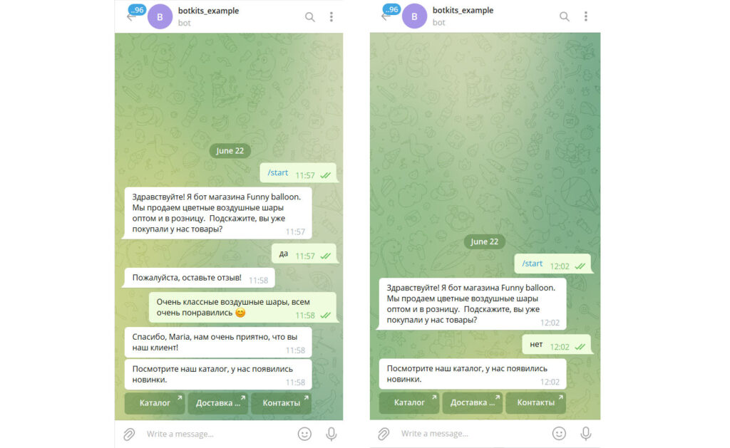 пример общения с ботом