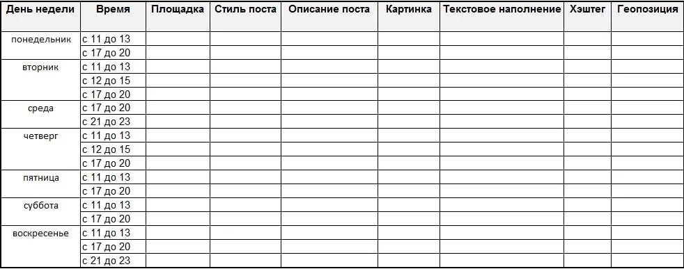 контент план для инстаграм шаблон шаг 2
