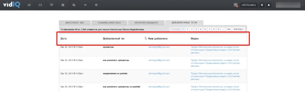 статистика ютуб добавленные теги