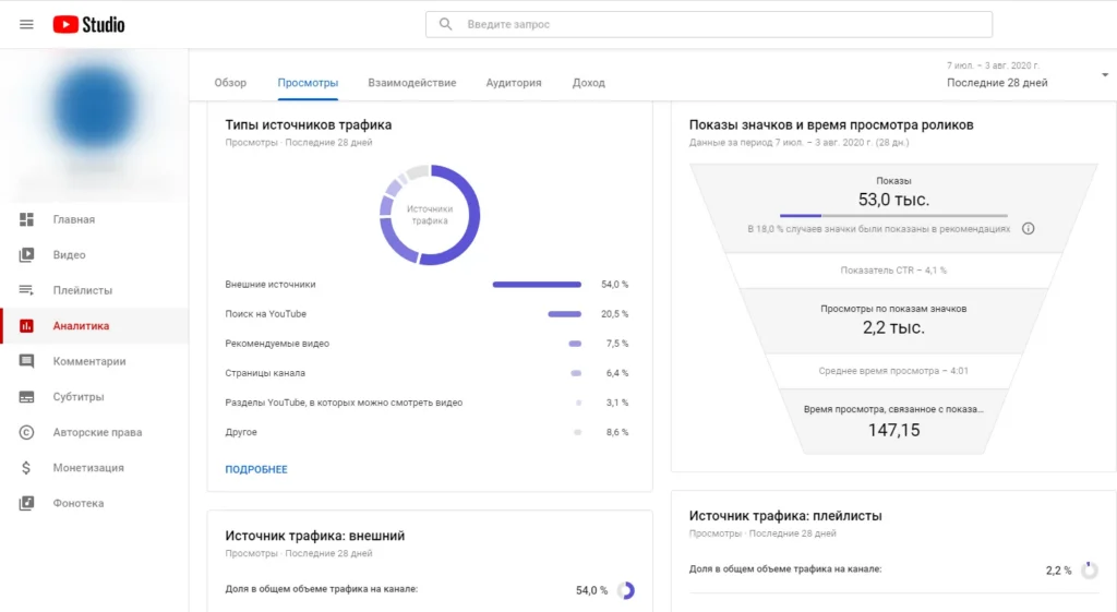 статистика ютуб внутри трафик