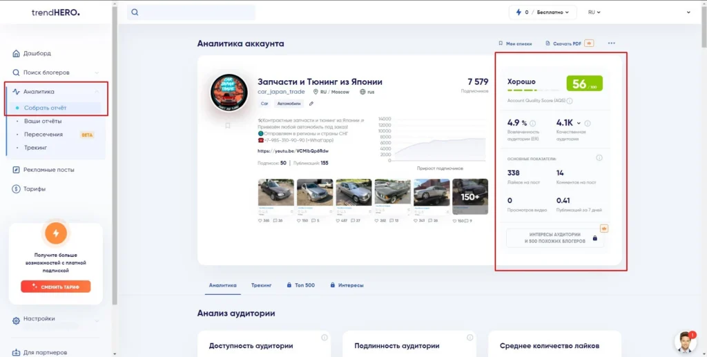 trendhero отчет по аккаунту